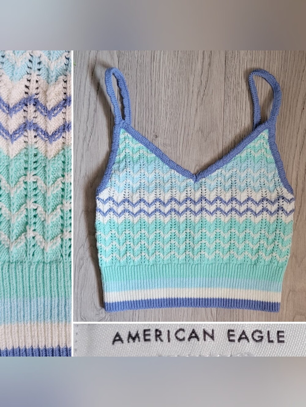 American Eagle Outfitters Zigzag Crochet Cami Aqua, Blue, Cream Crop Top, Small